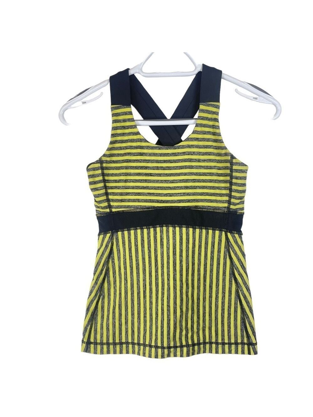 Lululemon Yellow Grey Striped Crossover Back Straps Stretch Tank Top Siz…